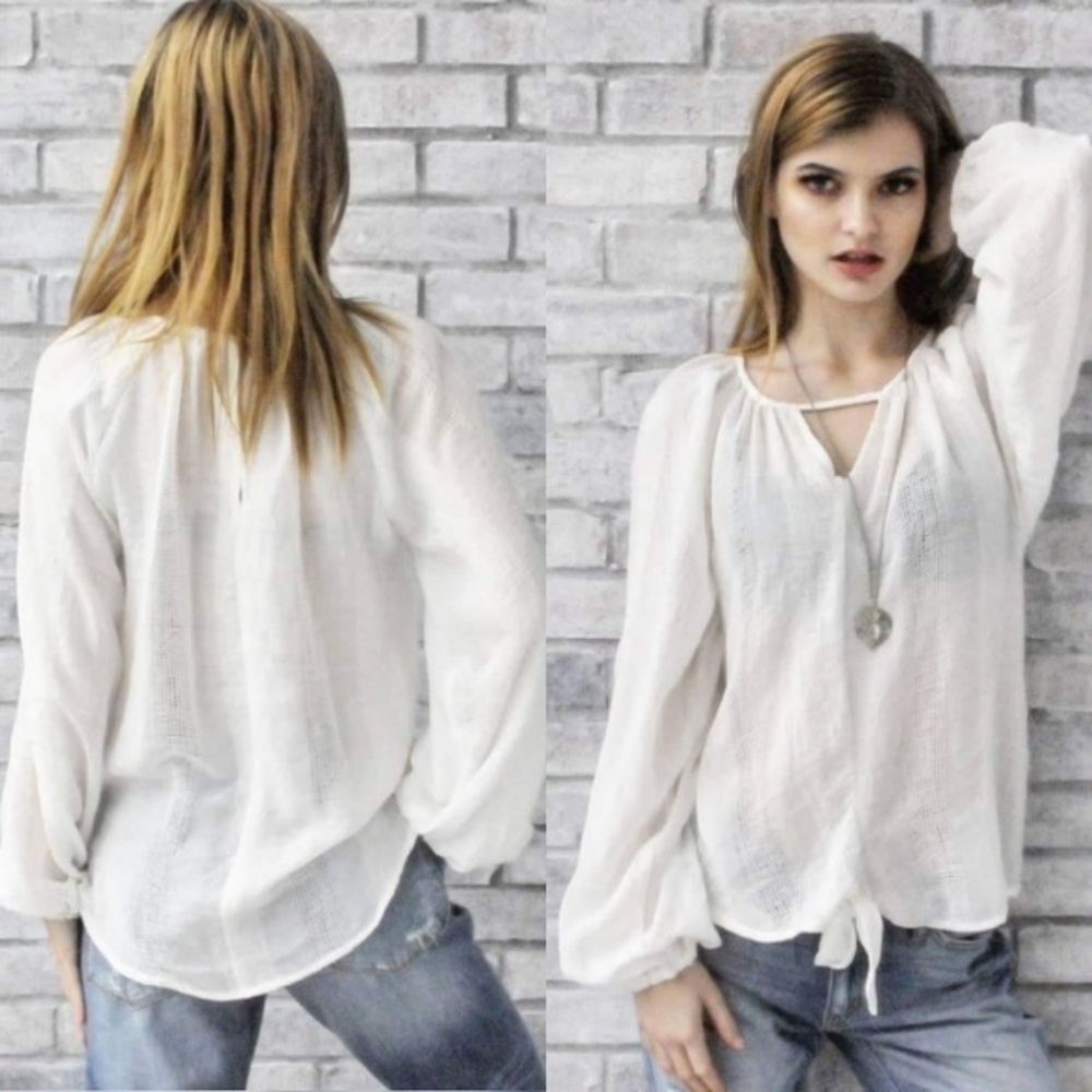 Super Soft Bohemian Tie-Front Peasant Blouse